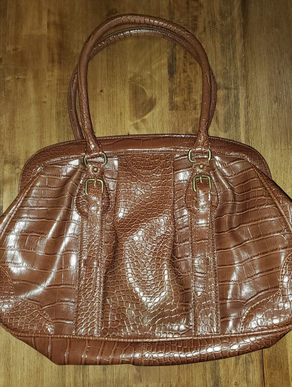 Women's Worthington Belted Satchel Handbag Purse Bag - Faux Croc Cognac Brown